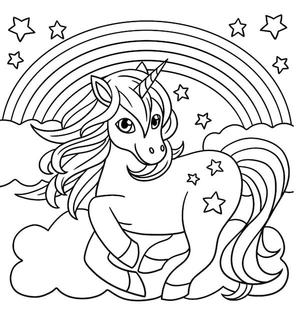 Dibujo de Unicornio Sonriente con Arco Iris y Estrellas para Colorear