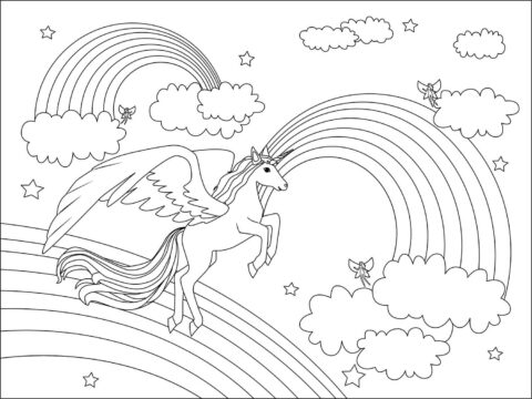 Dibujo de Unicornio con Tres arcoíris y Nubes para Colorear