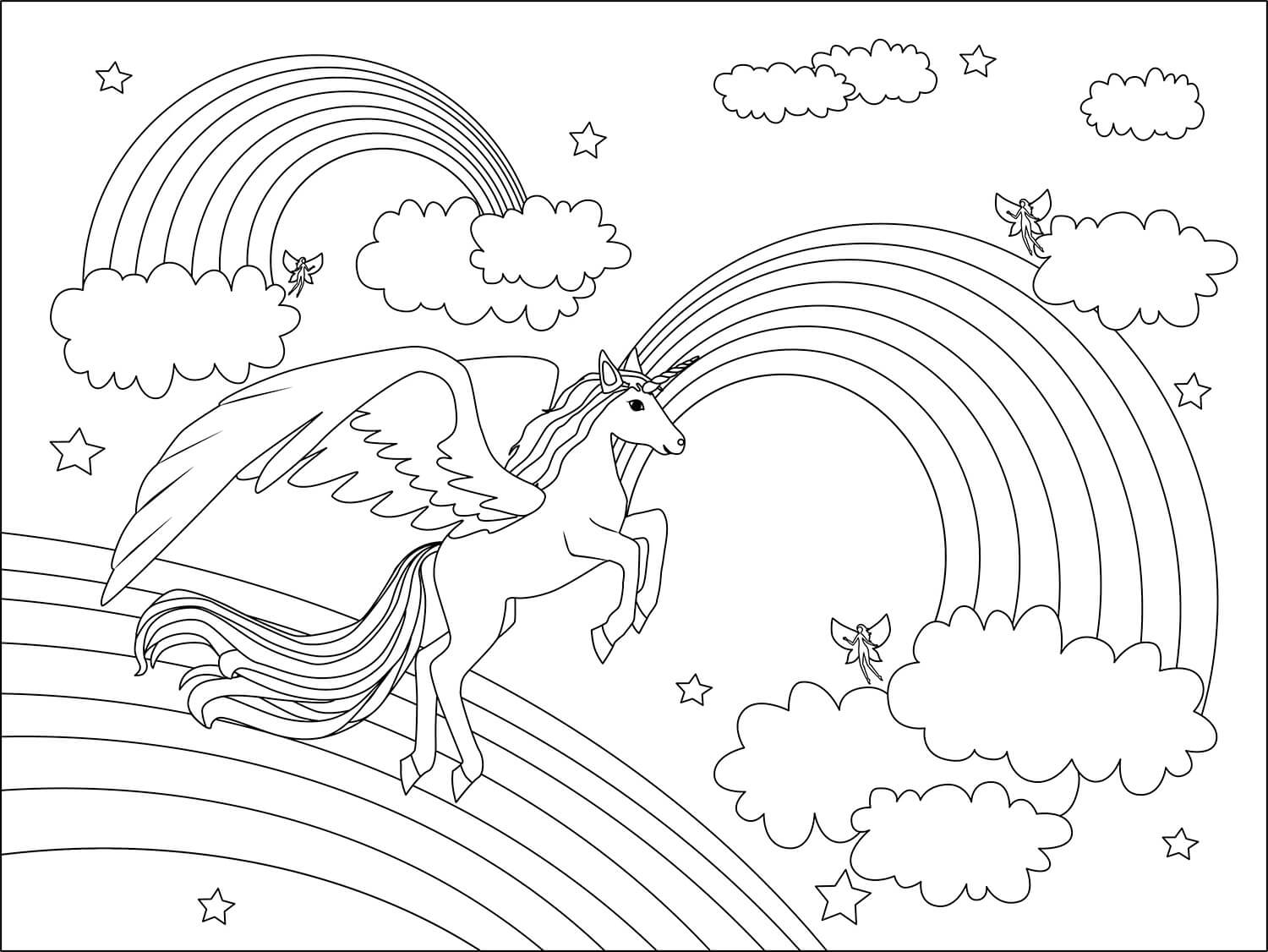 Dibujo de Unicornio con Tres arcoíris y Nubes para Colorear