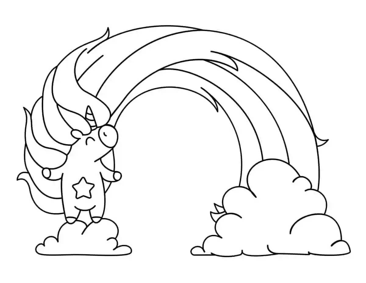 Dibujo de Unicornio de Dibujos Animados con arcoíris para Colorear