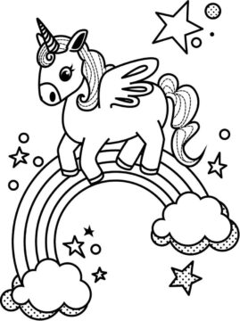 Dibujo de Unicornio en arcoíris con Estrellas para Colorear