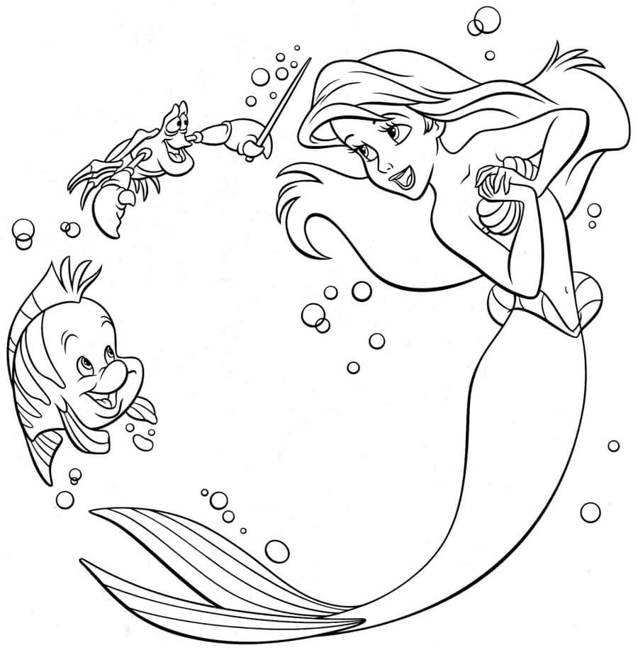 Dibujo de Ariel con Pescado y Cangrejo para Colorear
