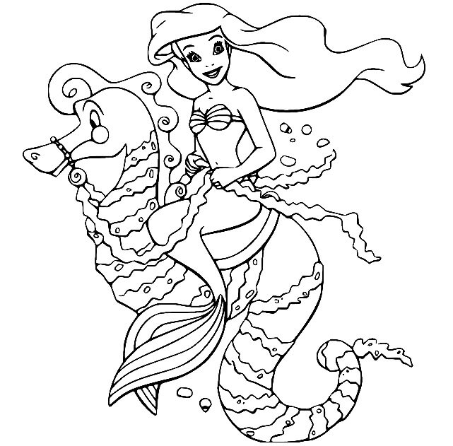 Dibujo de Ariel Sentada en un Gran Caballito de Mar para Colorear