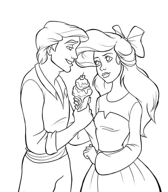 Dibujo de Ariel y Eric con Helado para Colorear