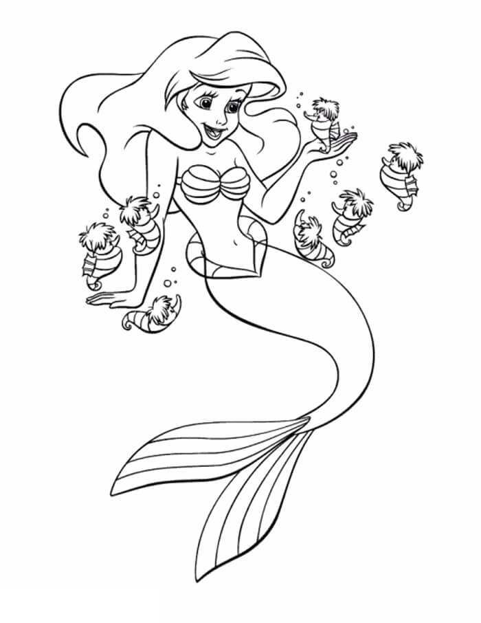 Dibujo de Ariel y los Caballitos de Mar para Colorear