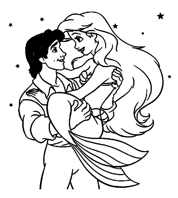 Dibujo de Sirena Ariel en los Brazos de Eric para Colorear