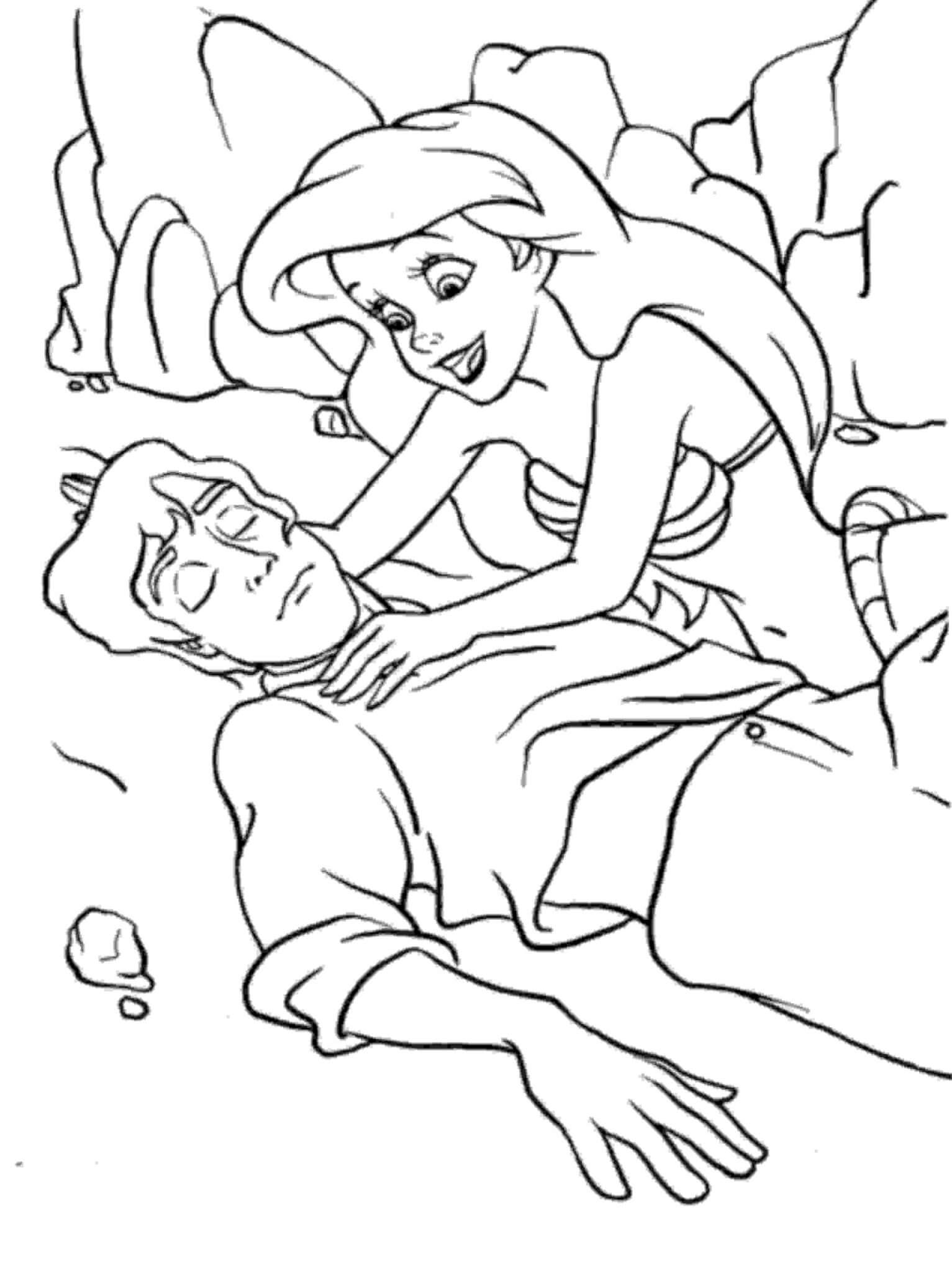 Dibujo de La Sirena Ariel y Eric Se Estan Desmayando para Colorear