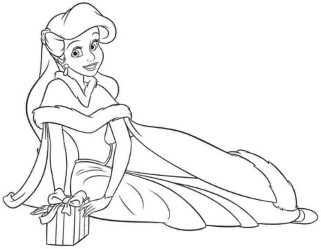Dibujo de Sirenita Sentada con Caja de Regalo para Colorear