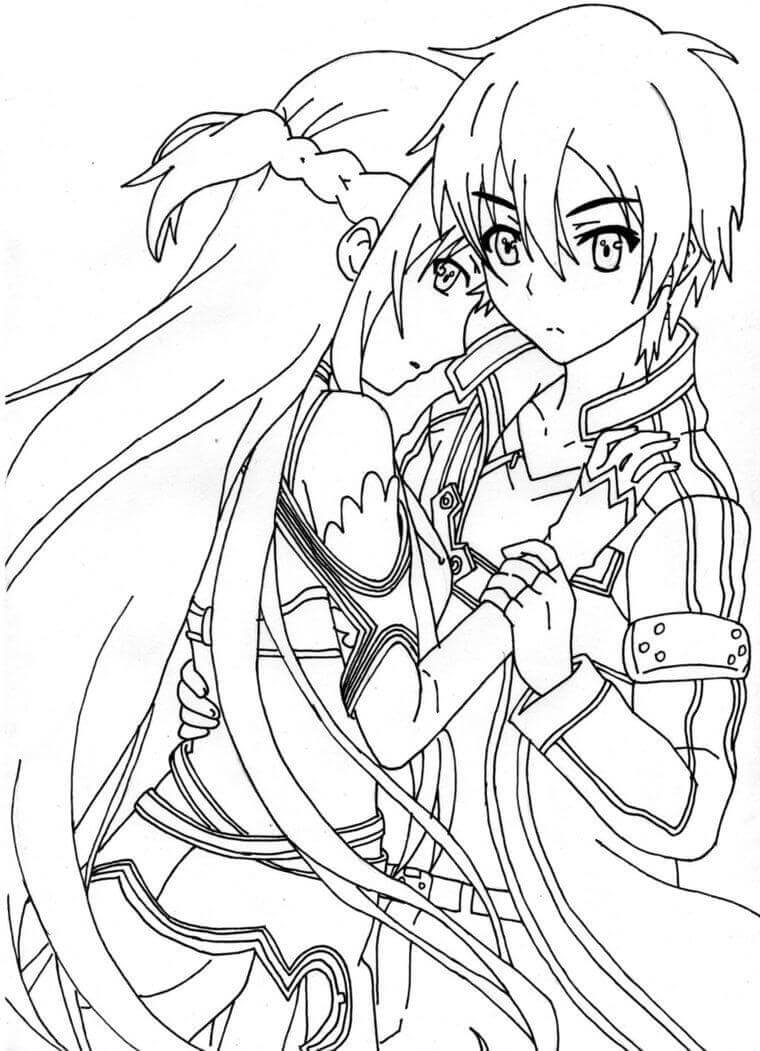 Dibujo de Amo a Kirito y Asuna para Colorear
