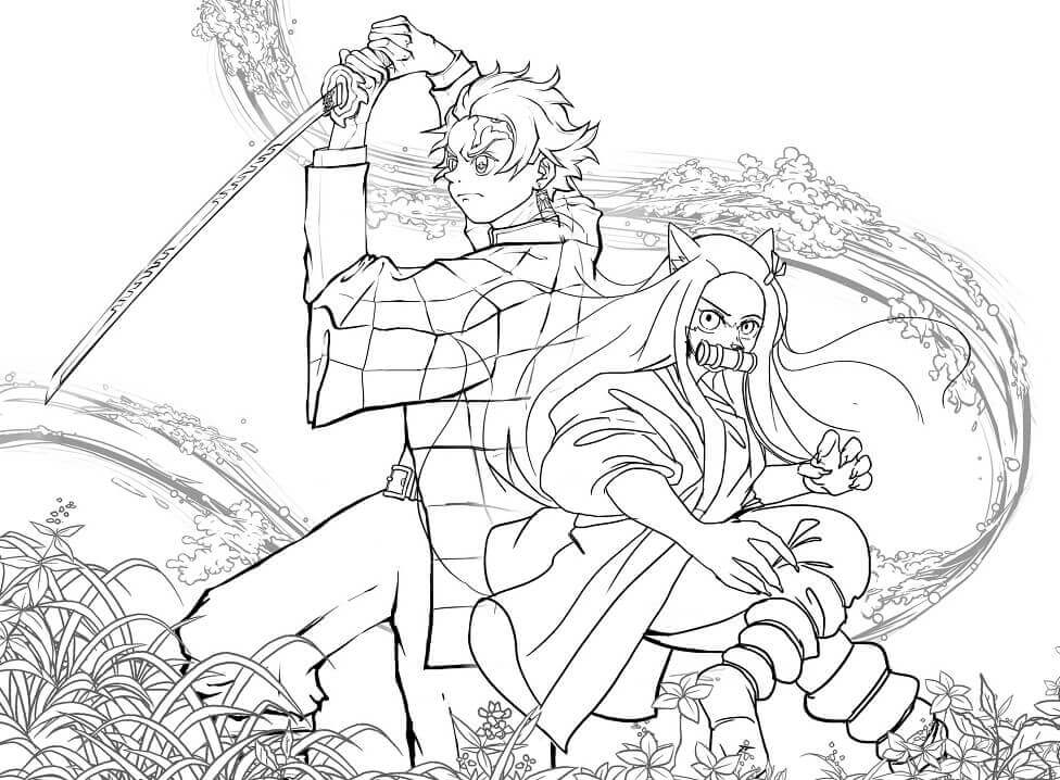 Dibujo de Tanjiro y Nezuko Demon Slayer para Colorear