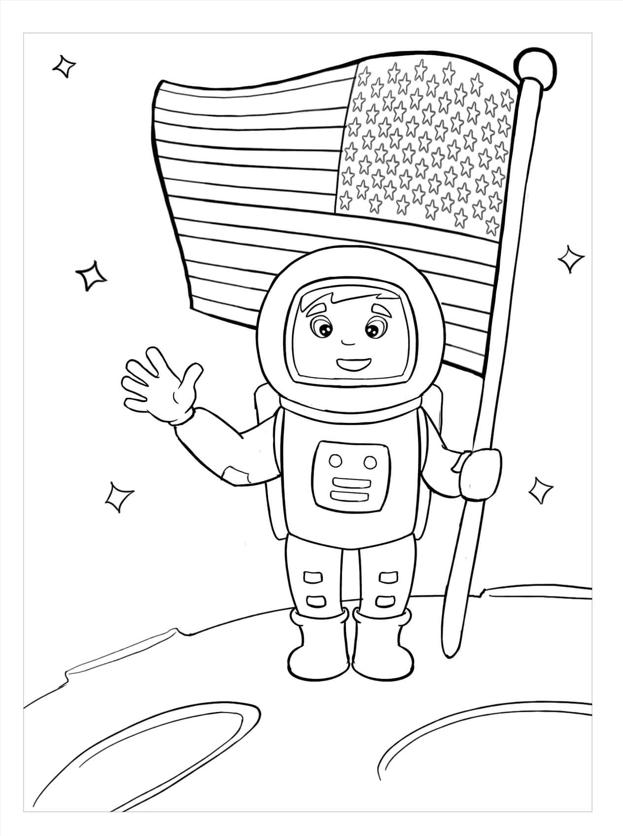 Dibujo de Astronauta con Bandera Americana para Colorear