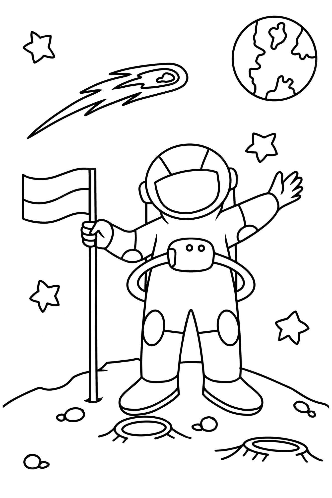 Dibujo de Astronauta con Bandera en el Planeta para Colorear