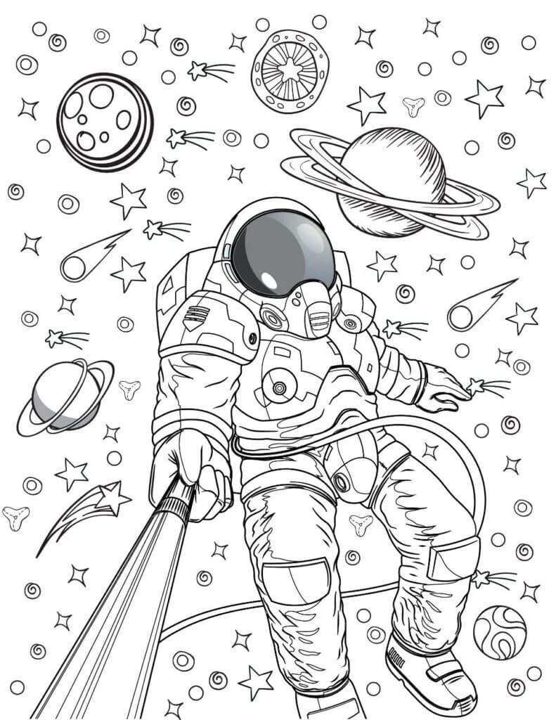 Dibujo de Astronauta con Planetas y Estrellas para Colorear