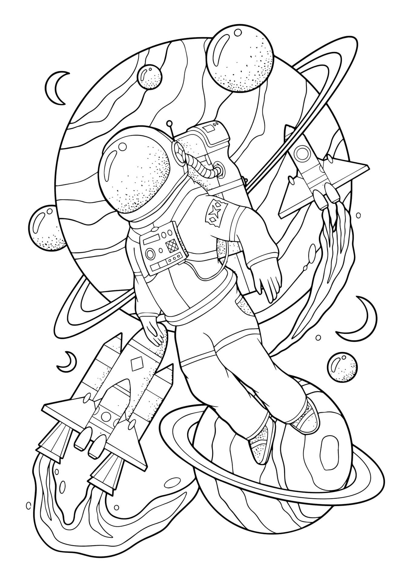 Dibujo de Astronauta con Planetas y Nave Espacial para Colorear