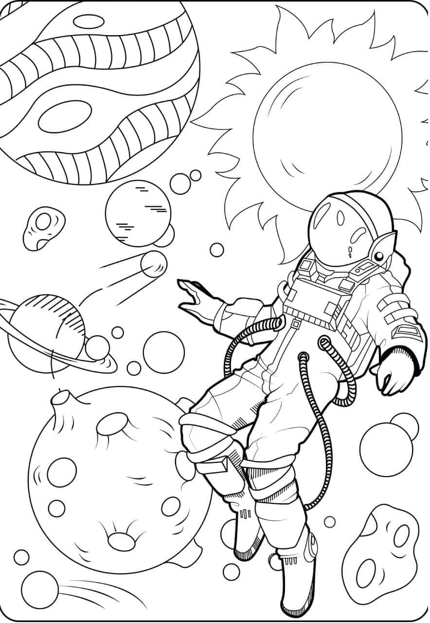 Dibujo de Astronauta con Planetas para Colorear
