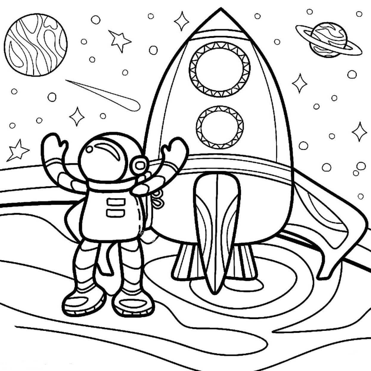 Dibujo de Astronauta de Dibujos Animados con Cohete para Colorear