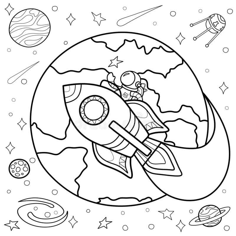 Dibujo de Astronauta en la Nave Espacial Exterior de la Tierra para Colorear