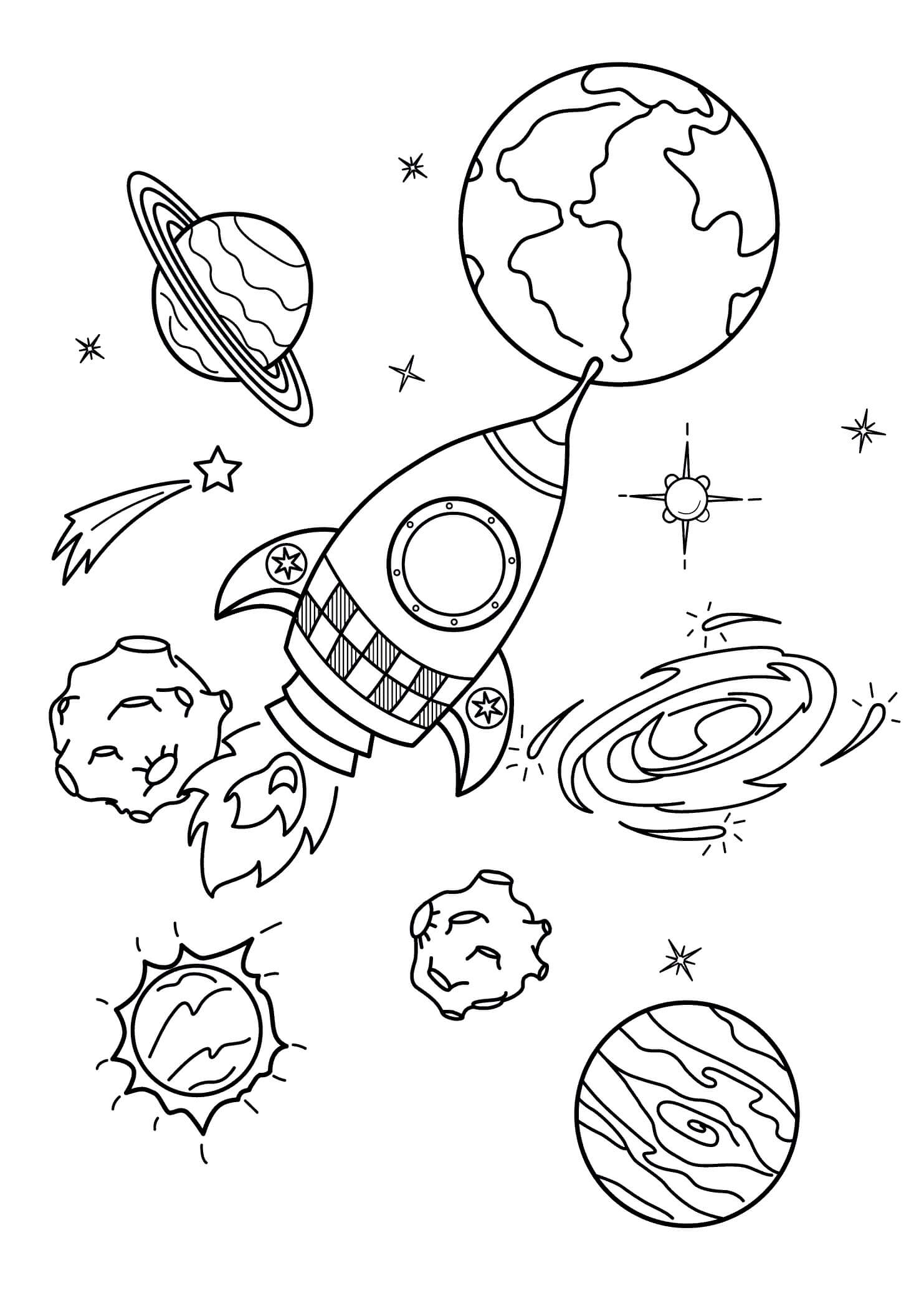 Dibujo de Nave Espacial y Planetas para Colorear