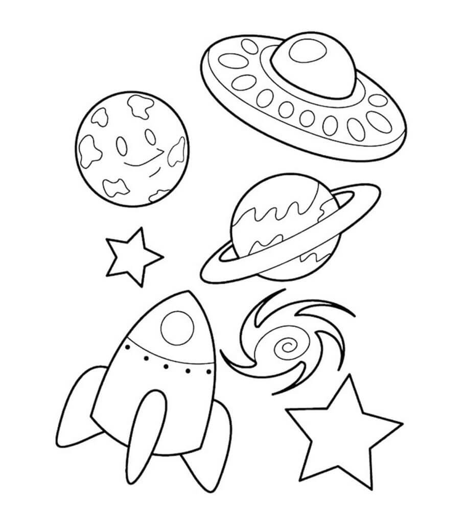 Dibujo de Nave Espacial Simples y Planetas para Colorear