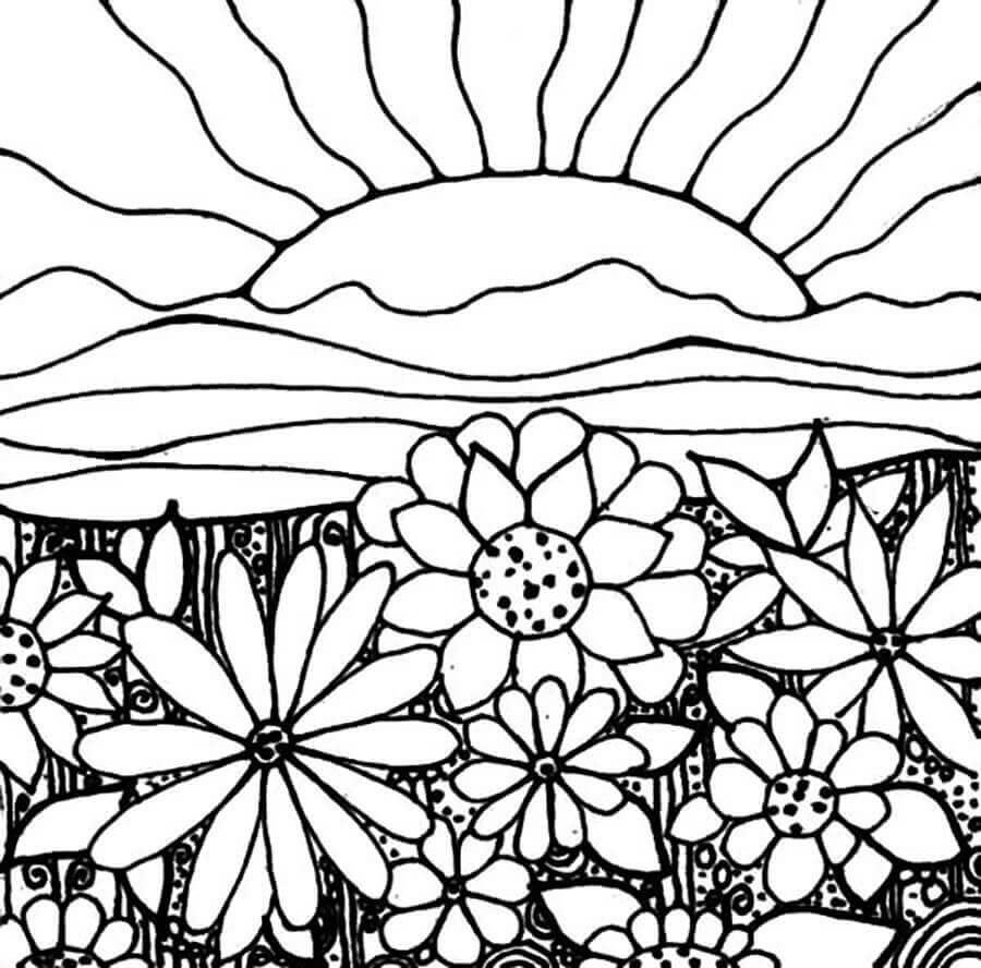 Dibujo de Flores y Puesta de Sol para Colorear