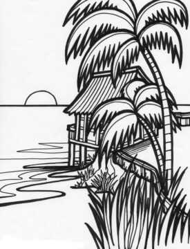 Dibujo de Puesta de Sol en una Casa Pequea para Colorear