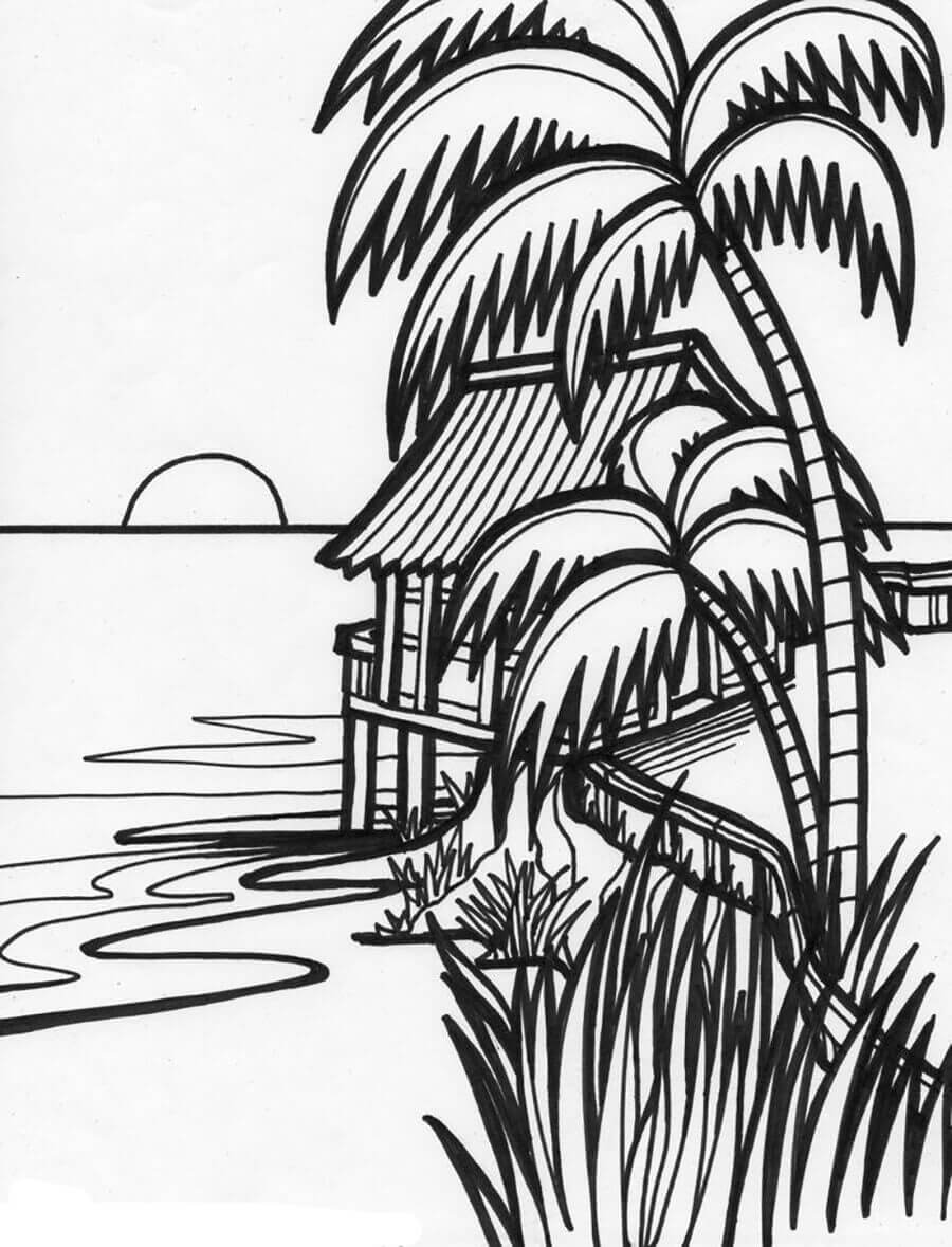 Dibujo de Puesta de Sol en una Casa Pequea para Colorear