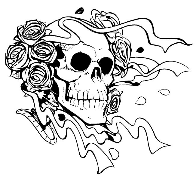 Dibujo de Calavera Aterradora con Rosas para Colorear