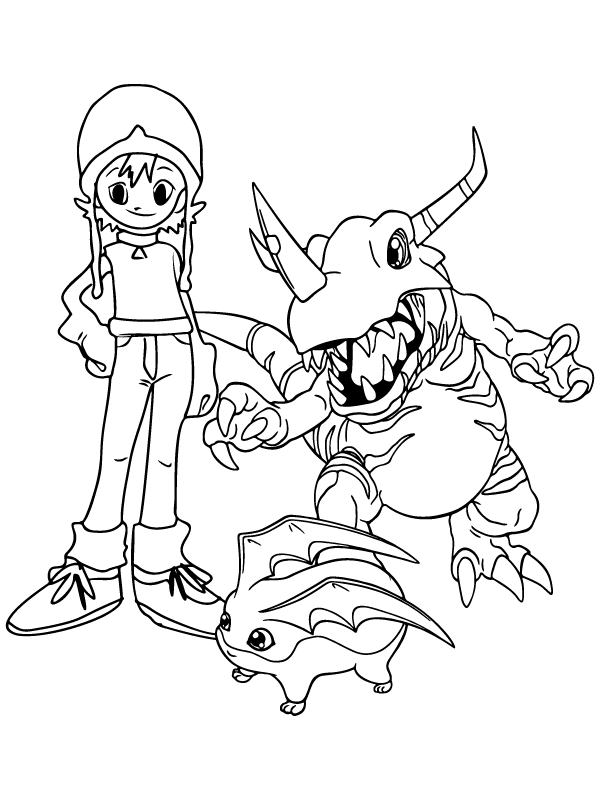 Dibujo de Página para Colorear Gratis de Sora y Greymon para Colorear