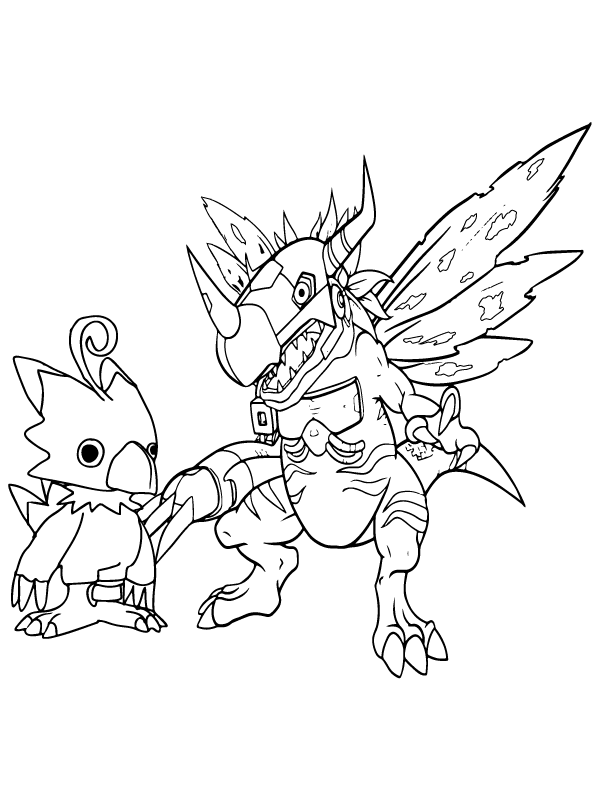 Dibujo de Página para Colorear de Biyomon y Metalgreymon para Colorear