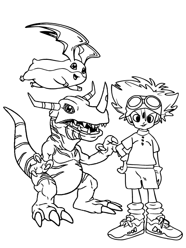Dibujo de Página para Colorear de Greymon y Tai de Digimon para Colorear