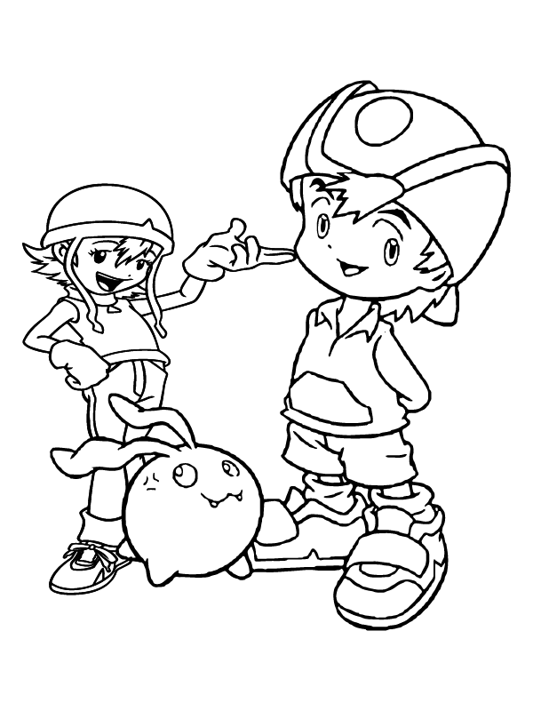 Dibujo de Página para Colorear de Takeru y Sora en Digimon Adventure para Colorear