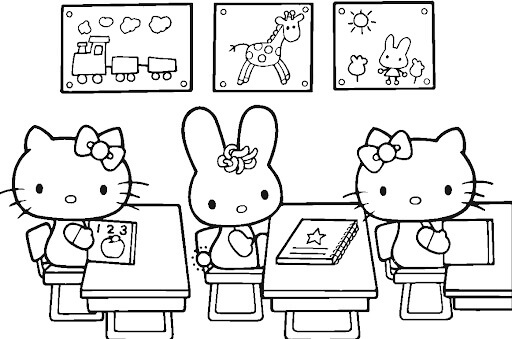 Dibujo de Hola Gatito y Amigos de Regreso a la Escuela para Colorear