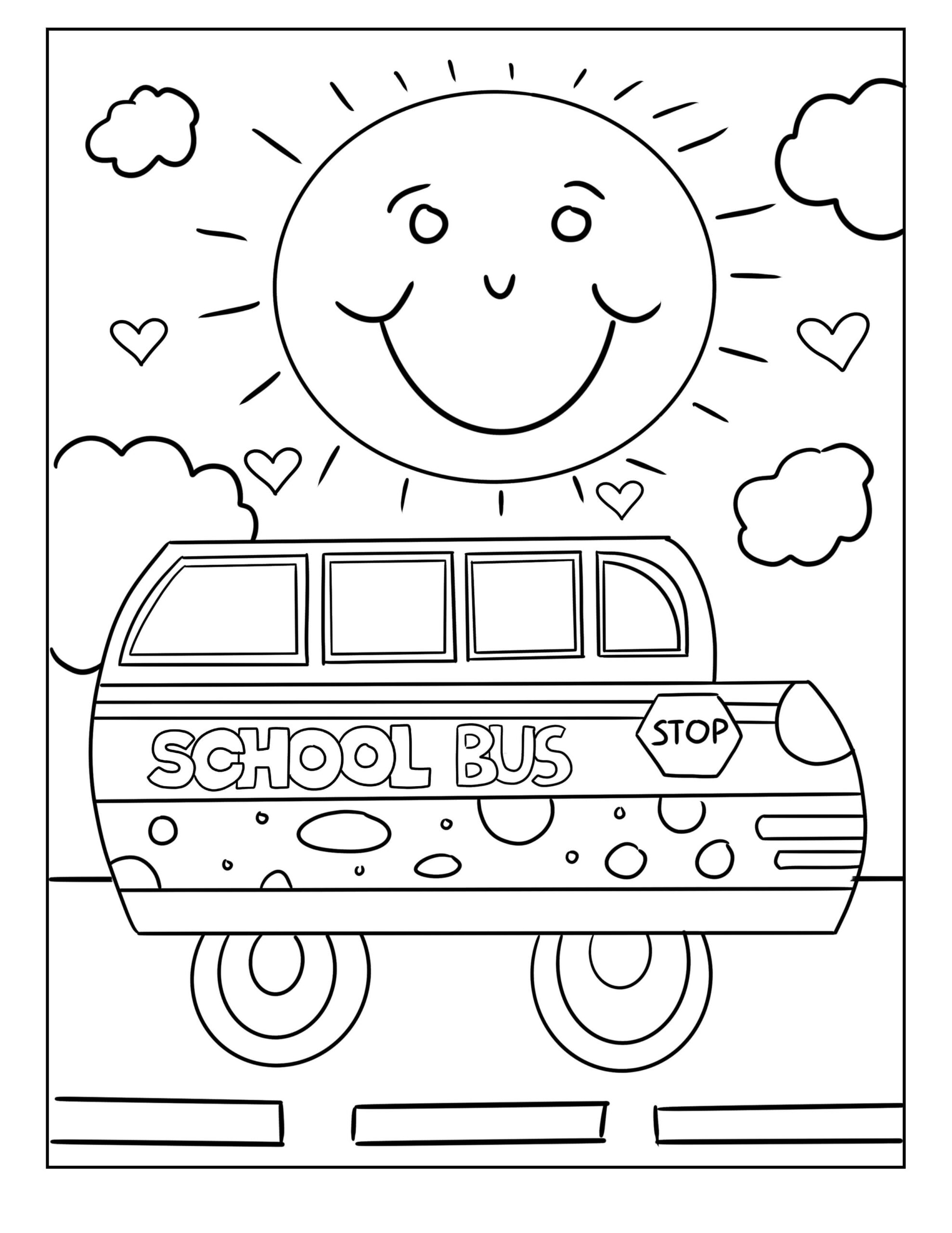 Dibujo de Lindo Autobs Escolar de Bienvenida de Regreso a la Escuela Scaled para Colorear