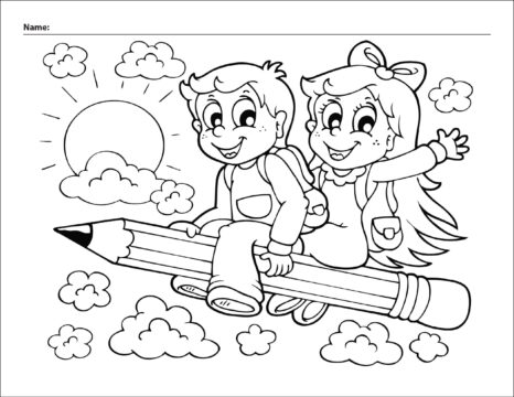 Dibujo de Nio y Nia en Lpiz Grande de Regreso a la Escuela Scaled para Colorear