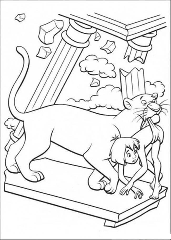 Dibujo de Bagheera Ayuda a Mowgli para Colorear