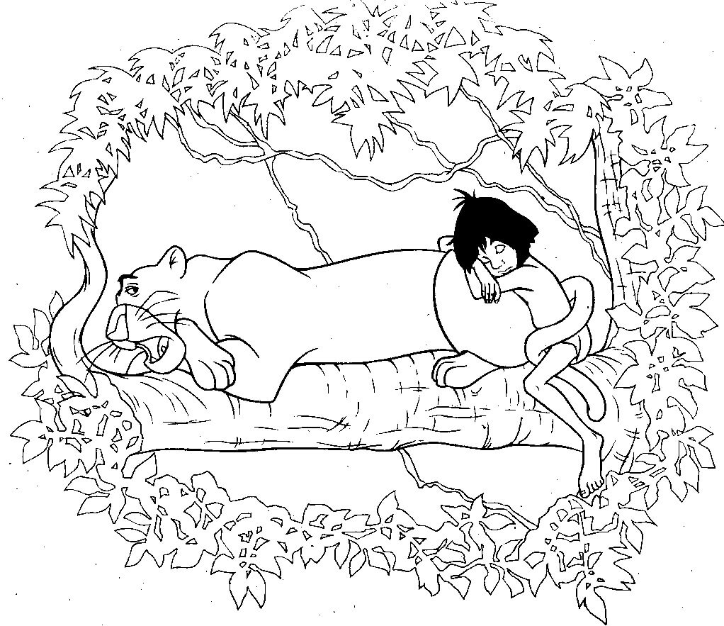Dibujo de Bagheera y Mowgli Durmiendo para Colorear