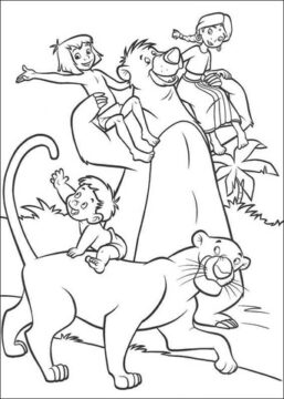 Dibujo de La Familia India Mowgli Baloo y Bagheera para Colorear