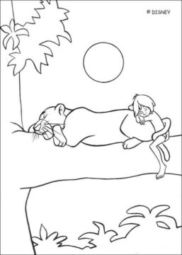 Dibujo de Mowgli con Bagheera Durmiendo para Colorear