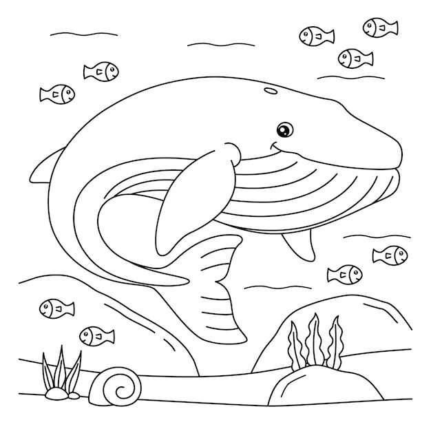 Dibujo de Ballena Sonriente con Peces para Colorear