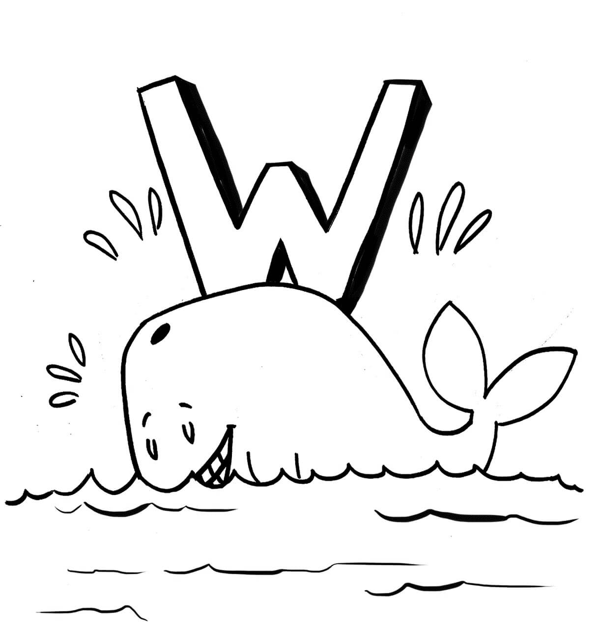 Dibujo de Letra W y Ballena para Colorear