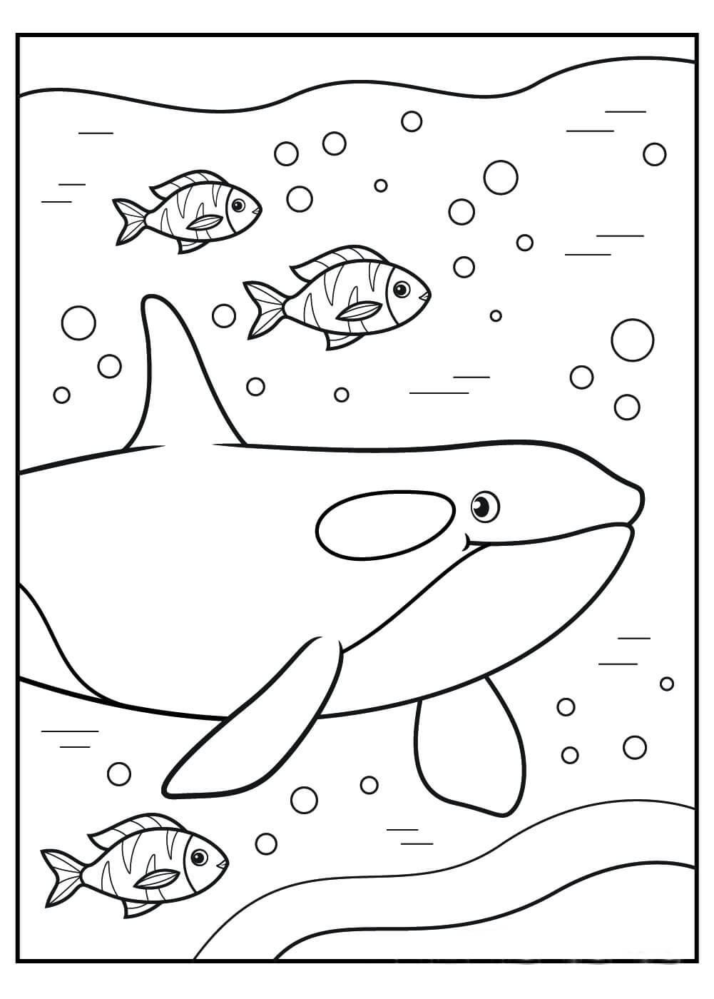 Dibujo de Retrato de Ballena y Peces para Colorear
