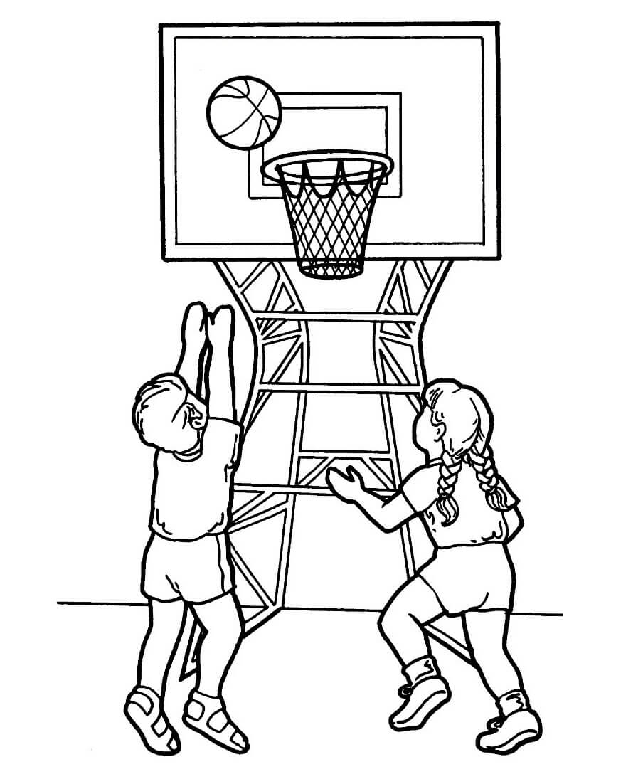 Dibujo de Dos niños Jugando al Baloncesto para Colorear