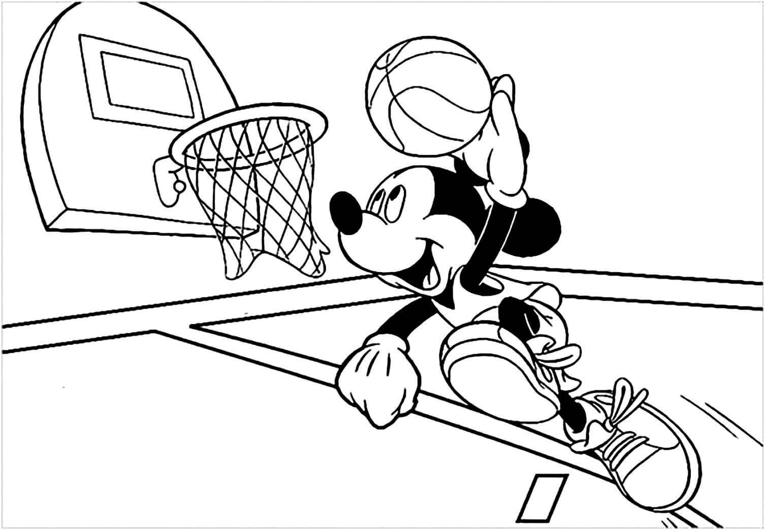 Dibujo de Mickey Salta Mientras Juega Baloncesto para Colorear