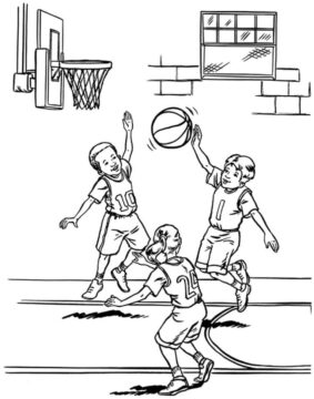 Dibujo de Tres niños Jugando Baloncesto para Colorear