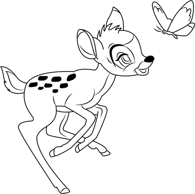 Dibujo de Bambi Jugando con Mariposa para Colorear