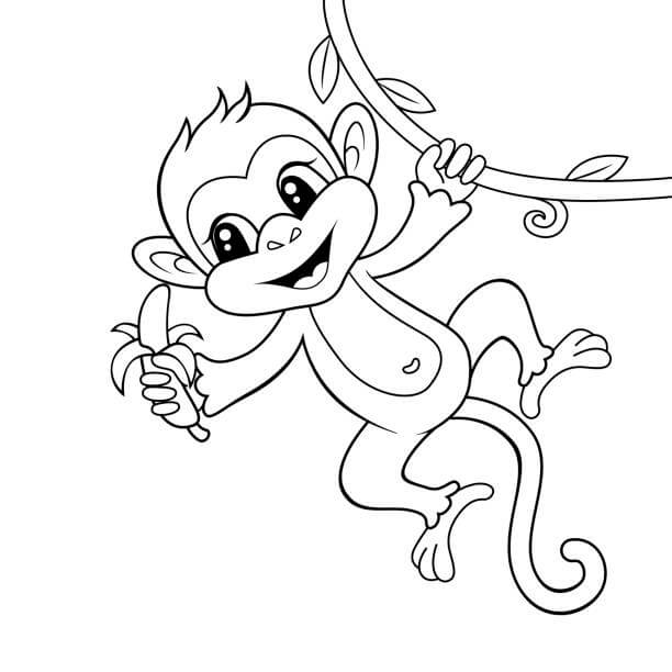 Dibujo de Mono Sosteniendo Platano y Escalando para Colorear
