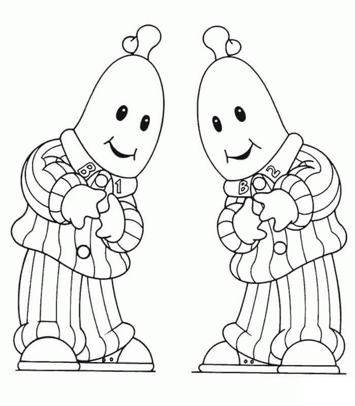 Dibujo de Bananas Felices en Pijama para Colorear