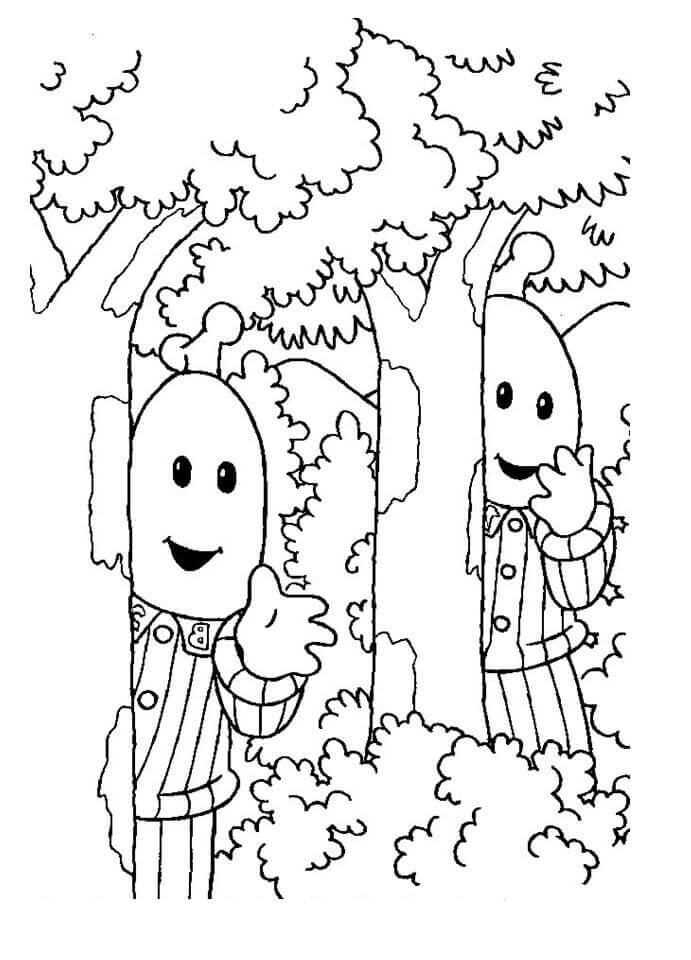 Dibujo de Los Platanos en Pijama Juegan al Escondite para Colorear