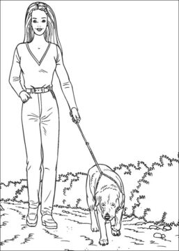 Dibujo de Barbie Saca a Pasear al Perro para Colorear