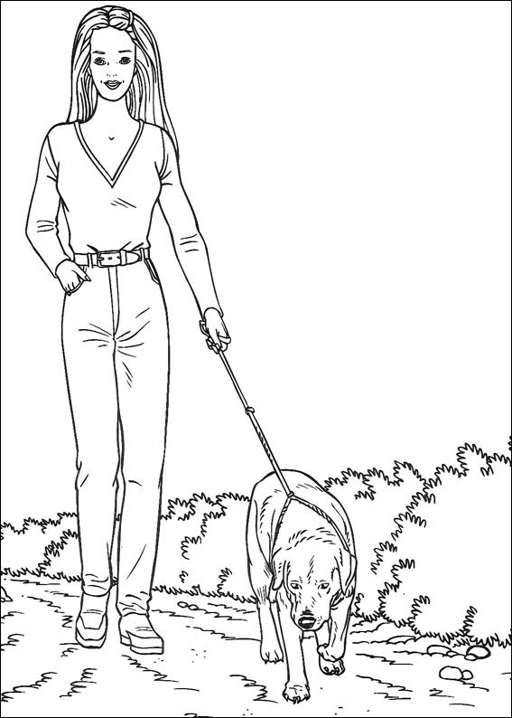 Dibujo de Barbie Saca a Pasear al Perro para Colorear